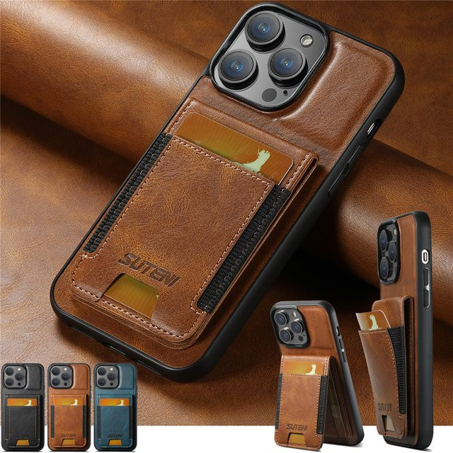 EUCAGR Luxus Leder Brieftasche Handyhülle mit Kartenhalter und Magnetverschluss für iPhone 16 15 14 13 12 11 Pro Max Plus XS XR in Braun - Bild 1