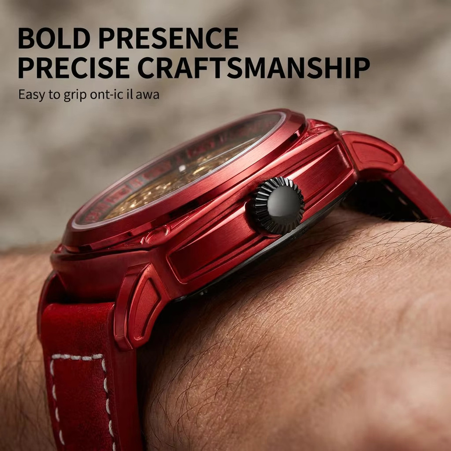 CAROTIF Armbanduhr, mechanisch, goldenes Zifferblatt, Lederarmband, Herren - Bild 3
