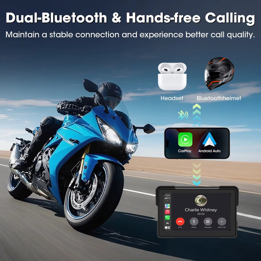 srnubi Motorrad-GPS-Navigation mit 7 Zoll Touchscreen, kabelloses CarPlay und Android Auto, TPMS-Unterstützung, Dual-Bluetooth, wasserdicht nach IPX7, Schwarz - Bild 3