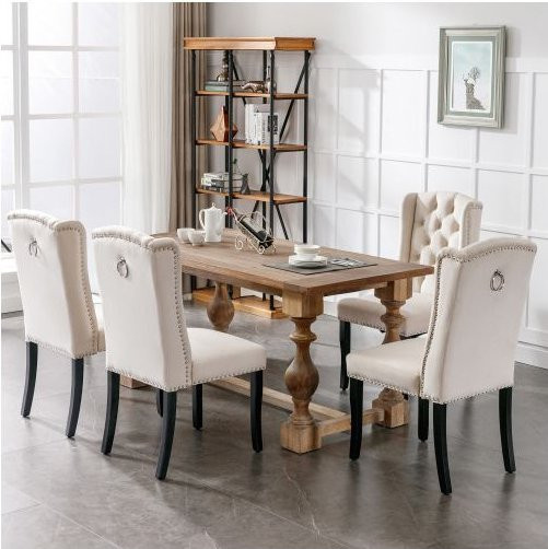 4er Set Esszimmerstühle MUVOE aus Beige Samt mit Massivholz Eiche Füßen - Bild 1