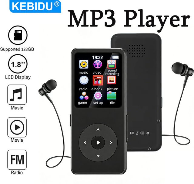 Kebidu Tragbarer MP3-Player mit Bluetooth 5.0, 1,8 Zoll Display, Eingebautem Lautsprecher, FM-Radio und E-Book-Funktion in Schwarz oder Weiß - Bild 1