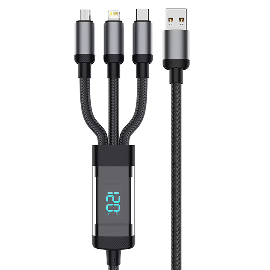 Byscoon 3-in-1 USB-Ladekabel mit digitalem Display, 120 W Schnellladefunktion, Micro-USB und USB-C, Schwarz - Bild 5