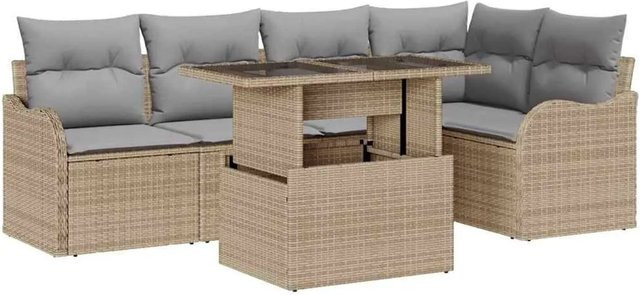 vidaXL Gartensofa-Set 6-teilig in Beige mit Kissen, L-Form aus Poly-Rattan mit Metallgestell und Glastisch - Bild 1