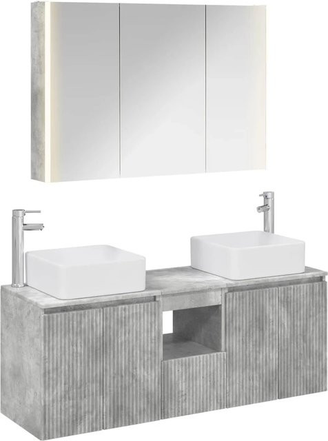 vidaXL Badezimmerschrank-Set 4-teilig in Betongrau, modernes Design mit Waschtischunterschrank, Spiegelschrank mit LED-Beleuchtung und Wandschränken aus MDF, B/T/H: 63,0 x 58,55 x 50,0 cm - Bild 1