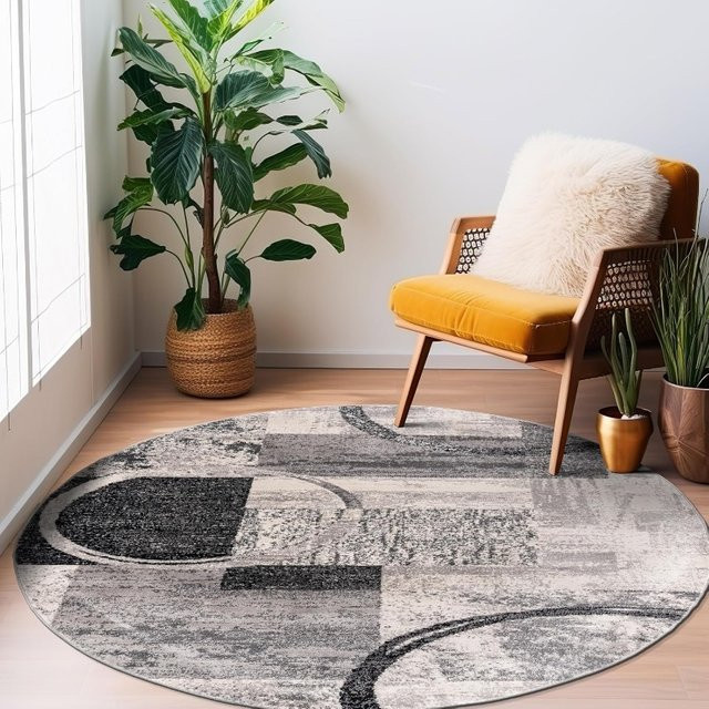 Runder Teppich mit abstraktem geometrischem Block-Design in Grau für Wohnzimmer, Schlafzimmer und Büro - Bild 1