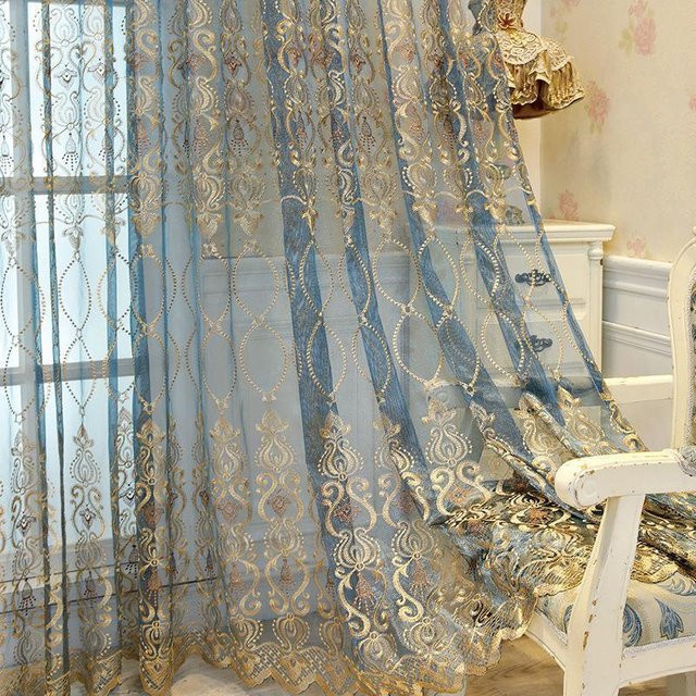 WTEMPO Fenstergittervorhang mit Pflaumen-Stickerei in Blau, moderner Tüllvorhang mit Blumenmuster für Wohnzimmer und Schlafzimmer, Breite: 200 cm, Höhe: 270 cm - Bild 1