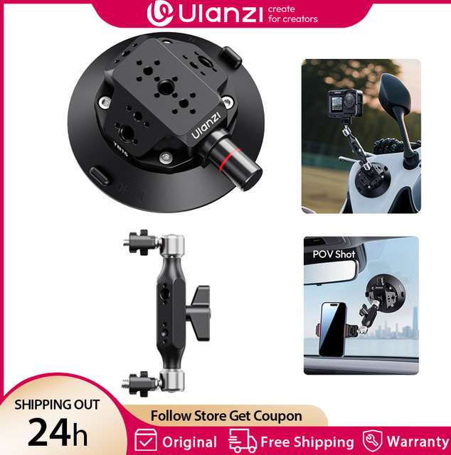 Ulanzi TB15 Kamera-Saugnapf-Autohalterung in Schwarz für GoPro, Insta360, DJI Action Kameras, Smartphones und DSLR mit 1/4 Zoll und 3/8 Zoll Gewinde sowie 360 Grad Verstellbarkeit - Bild 1