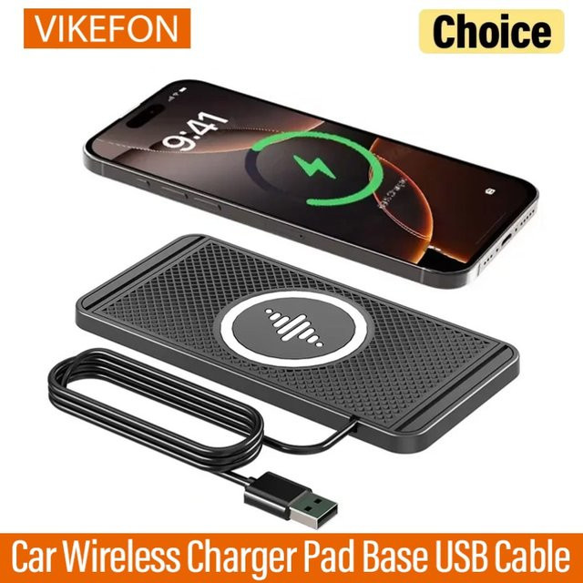 VIKEFON Kabelloses Auto-Ladegerät mit USB-Kabel in Schwarz für iPhone 17-12 Pro Max, Samsung, Xiaomi und AirPods Pro 2 als Schnell-Ladestation - Bild 1