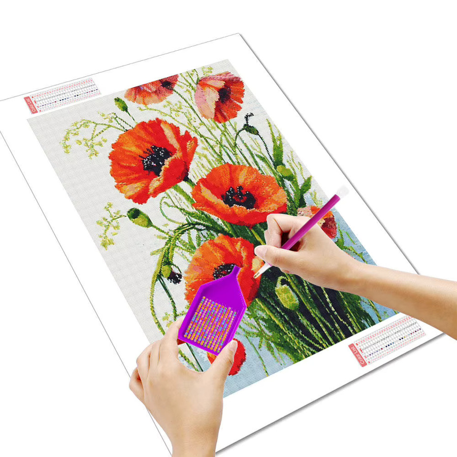 HUACAN Diamantmalerei Set Mohnblumen 5D DIY Mosaik Stickerei in Rot mit runden Steinen B/H: 30 x 20 cm - Bild 2