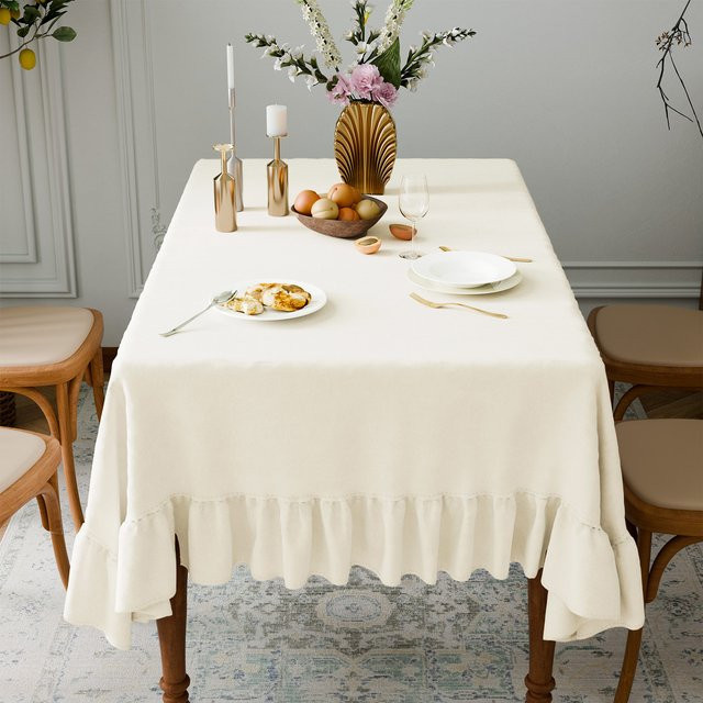 Hptmus Rechteckige Tischdecke in Weiß im Vintage-Stil mit Rüschenbesatz aus Leinen-Polyester-Mischung für Boho-Hochzeiten und Partys, Waschbar - Bild 1