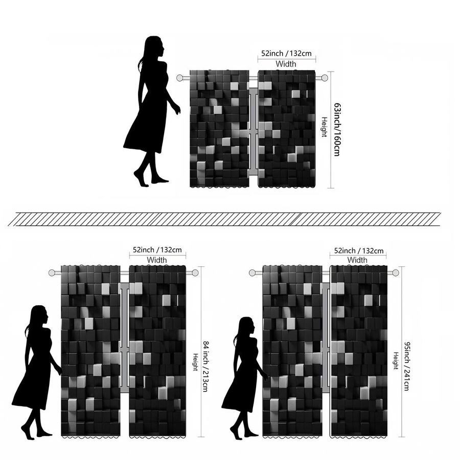 2er-Set MH Vorhänge mit modernem Schwarz-Weiß Holzblock-Design, halbtransparent, B: 132 cm, H: 160 cm - Bild 2