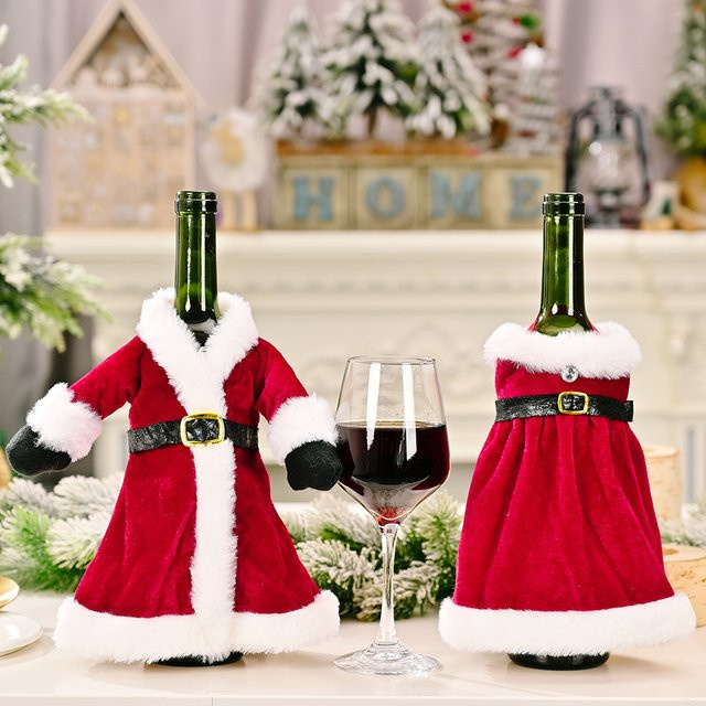 Weihnachten Weinflaschen Dekoration Set aus Samt in Gold und Rot zur Tischdekoration - Bild 1
