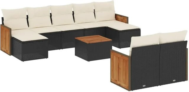 vidaXL 10-tlg. Garten-Sofagarnitur aus Poly-Rattan mit Kissen in Schwarz-Creme - Bild 1