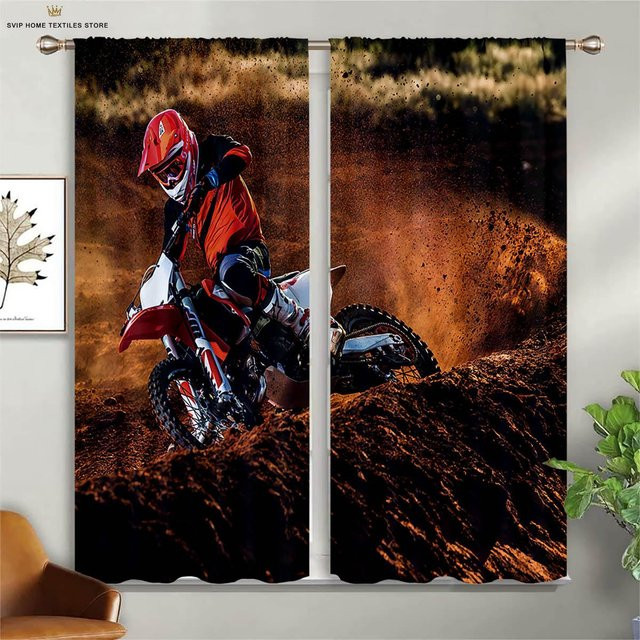 Yiran Furniture Motorrad Vorhang Set 2 Stück mit Tunnelzug, 3D-Druck Design, Mehrfarbig, B: 50 cm, H: 130 cm - Bild 1