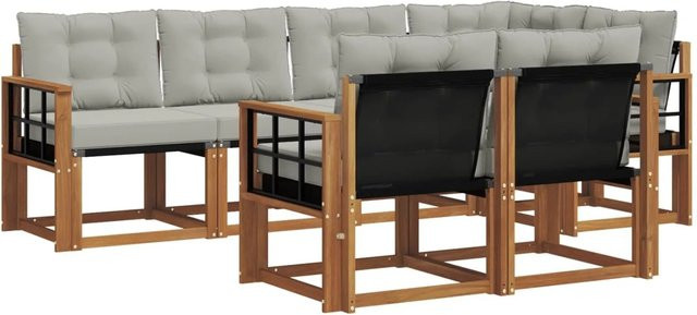 vidaXL Outdoor-Sofagarnitur 7-teilig aus Akazienholz und Textilene in Natur und Hellgrau mit L-Form und Kissen - Bild 1