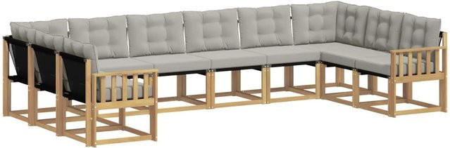 vidaXL Outdoor-Sofagarnitur in U-Form aus Akazienholz mit Textilene-Bezug und Kissen in Weiß-Hellgrau - Bild 1