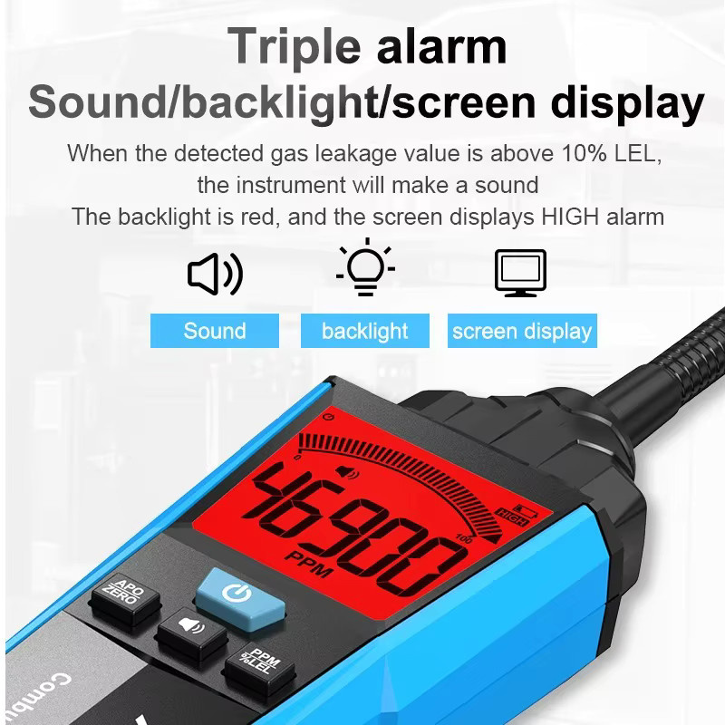 TELEHILL Brenngas Leckdetektor mit Schall- und Lichtalarm zur Leckortung von Erdgas inklusive Flex-Sonde, Blau - Bild 2