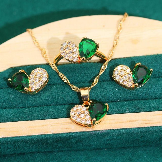 YIRAN Jewelry Halskette und Ohrringe, Herz, Zirkonia, Kupfer, Gold, Unisex - Bild 1