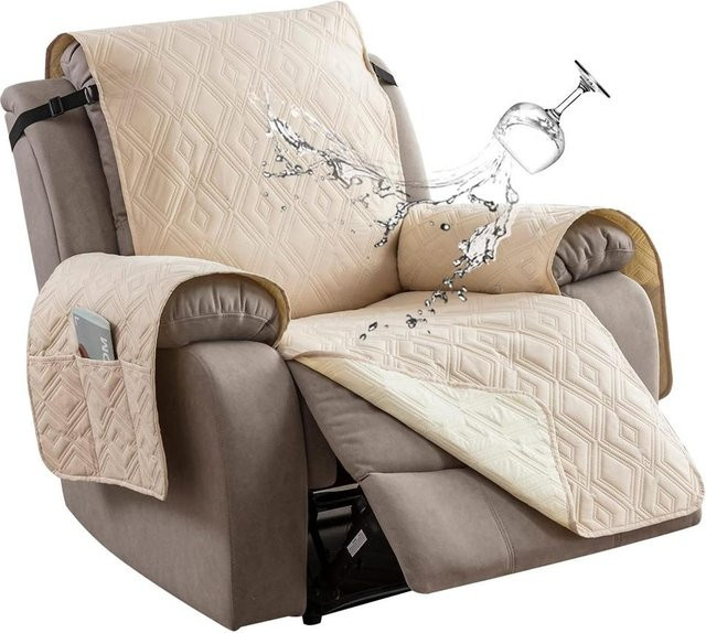 Wasserdichter und rutschfester Liegestuhlbezug in Beige mit praktischer Tasche, waschbarer Sesselbezug aus Polyester-Elastan-Mix - Bild 1