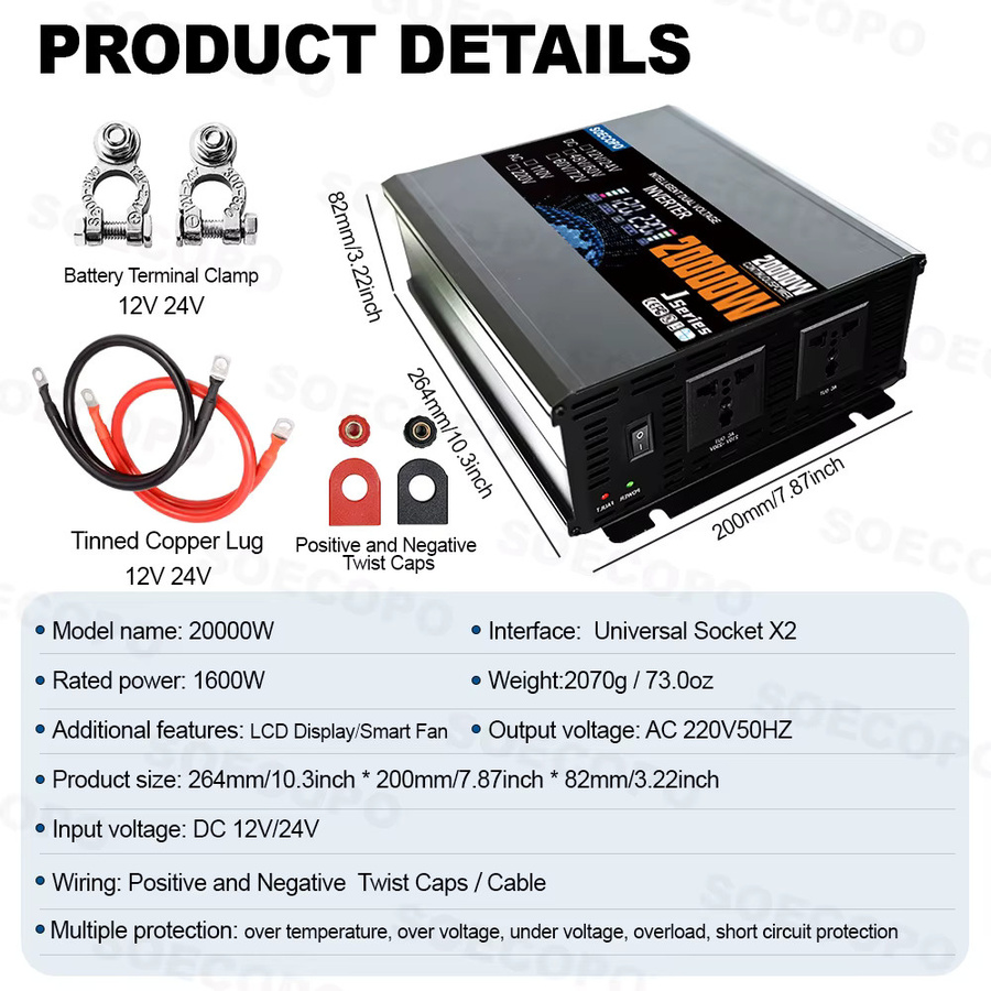 SOECOPO Tragbares Solarsystem-Kit 20000 W mit 2 x 300 W Panels, 100 A Controller und Inverter für Camping, Schwarz - Bild 3