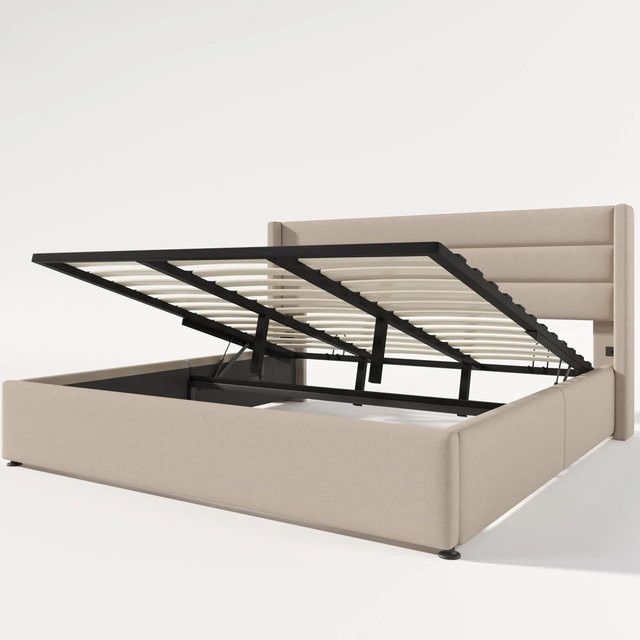 Merax Polsterbett mit Hydraulik und Stauraum in Beige, B/T/H: 180 x 200 x 214,5 cm - Bild 1