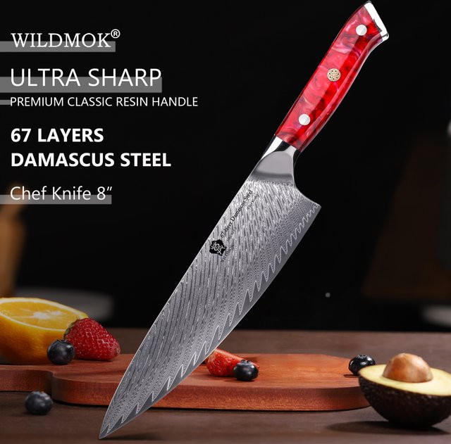 WILDMOK Damaskus Kochmesser aus 67-lagigem VG10-Stahl mit rotem Harzgriff, 8 Zoll (Breite: 20,32 cm) - Bild 1