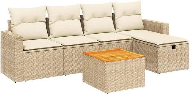 vidaXL 6-teilige Garten-Sofagarnitur in L-Form aus Poly-Rattan in Beige mit Kissen und Armlehnen - Bild 1