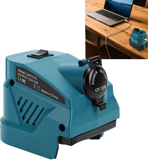 Igeteck Batteriespannungswandler-Adapter passend für BL1815 Akkus mit USB-A und USB-C Anschlüssen sowie LED-Licht in Blau - Bild 1