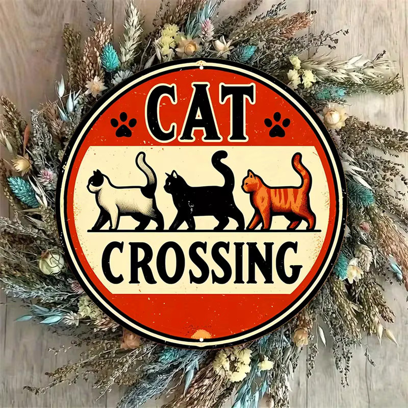 Potdemiel Retro Cat Crossing Vintage Metallschild aus Aluminium, rund, Mehrfarbig, Durchmesser: 20 cm - Bild 2