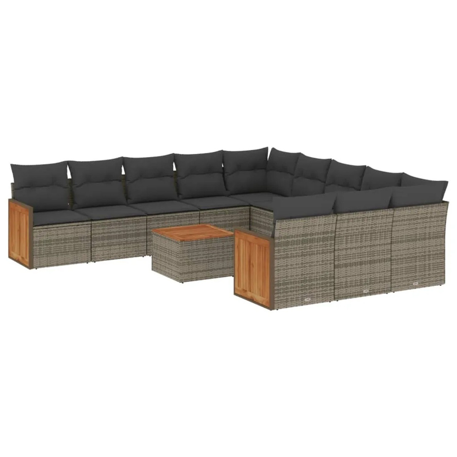 vidaXL 12-tlg Garten-Sofagarnitur in L-Form aus Polyrattan und Akazienholz in Grau mit Kissen - Bild 2