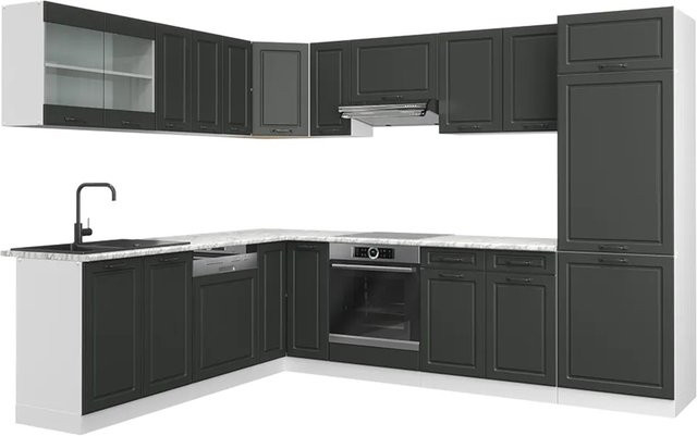Vicco R-Line Eckküche im Landhausstil in Anthrazit und Weiß mit Marmor-Optik, B/T/H: 227 x 287 x 207 cm - Bild 1