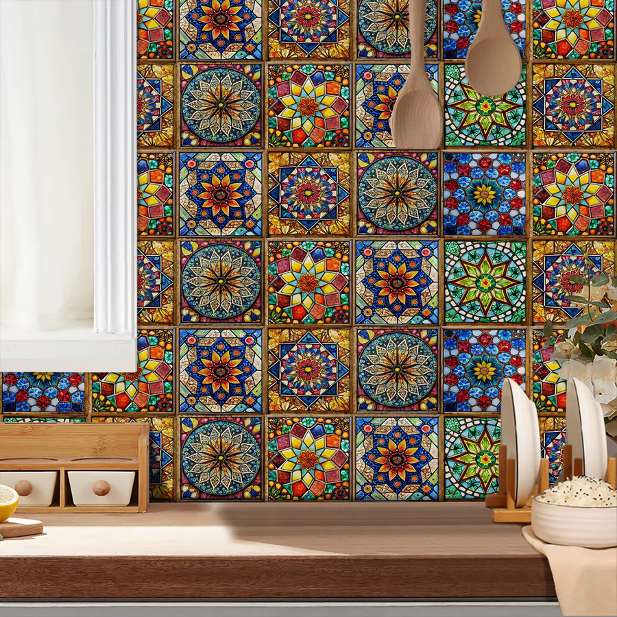 10 Stück YanTin Retro-Mosaik Fliesenaufkleber in Multicolour, Ölbeständige geometrische Wandaufkleber für Küchenrückwand und Schrank - Bild 3
