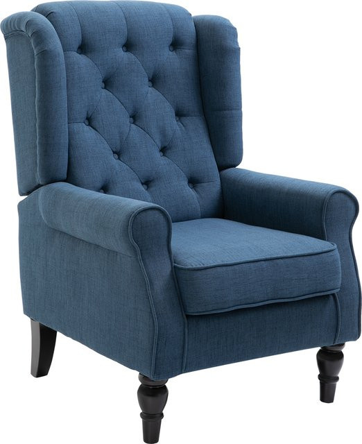 HOMCOM Ohrensessel Blau mit Tufting und hoher Rückenlehne, gepolsterter Loungesessel mit abgerundeten Armlehnen und Holzbeinen - Bild 1