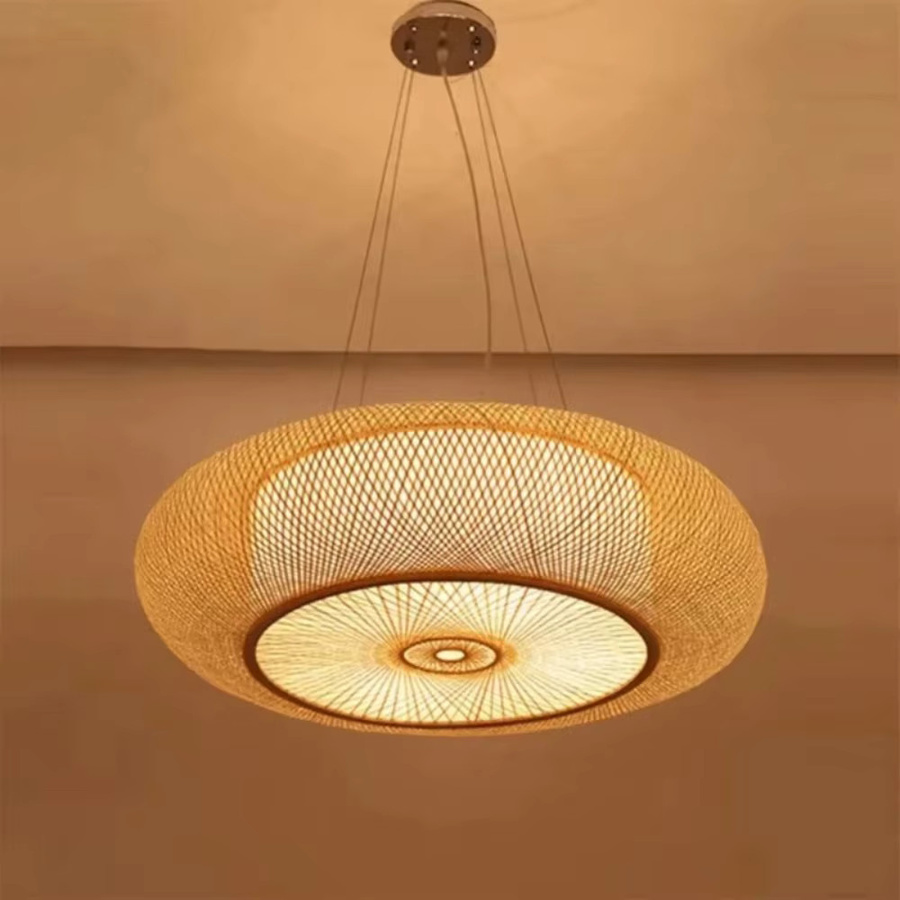 JOYINLED Vintage Pendelleuchte aus Bambus, runder Retro Kronleuchter in Braun, Durchmesser: 50 cm - Bild 2