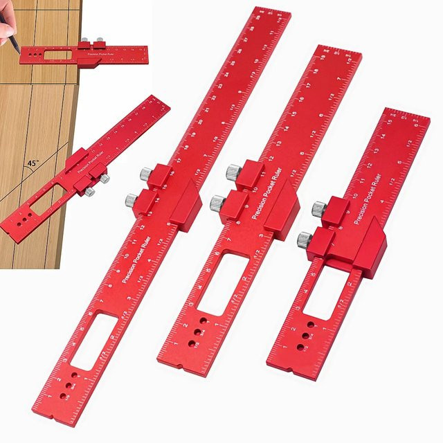 GDART Präzisions-Taschenlineal aus Aluminium mit Metallschieber und Schiebestopp in Rot, T-Typ-Anreißlineal für die Holzbearbeitung mit Zoll und metrischer Skala - Bild 1