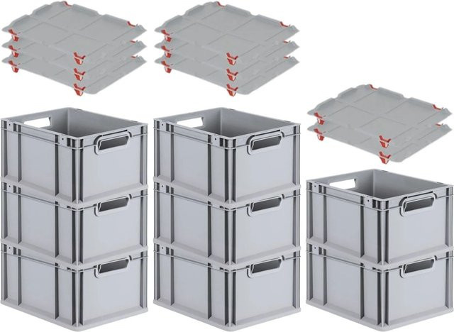 PROREGAL SuperSparSet 8x Eurobox NextGen Grip mit Auflagedeckeln und roten Schiebeschnappverschlüssen in Grau, H x B x T: 22 x 30 x 40 cm, 20 Liter - Bild 1
