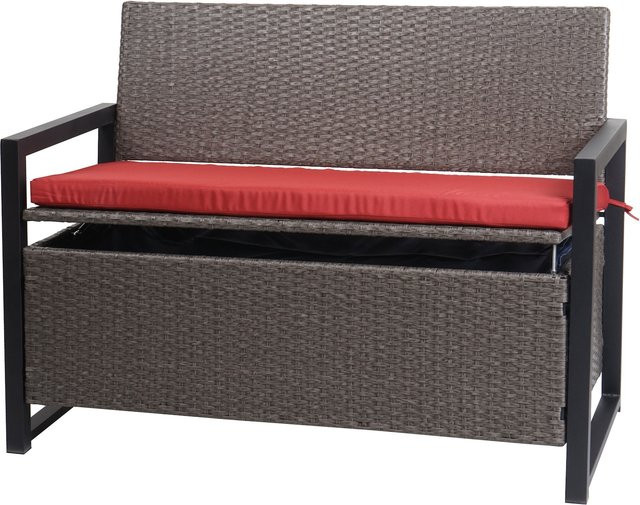 MCW Poly-Rattan 2er Sitzbank F39 als Gartenbank und Truhenbank mit Staufach und roten Kissen, grau-meliert - Bild 1