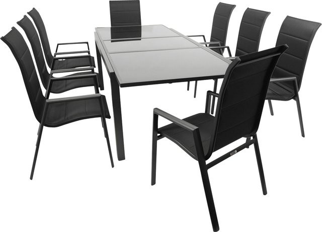 DEGAMO Gartenmöbel Garnitur TORINO 9-teilig in Schwarz aus Alu, Glas und Kunstgewebe mit ausziehbarem rechteckigem Tisch - Bild 1