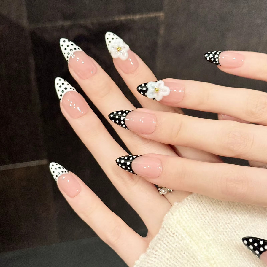 YADORNOS Künstliche Nägel, Polka-Dot-Design, schwarz-weiß, glänzend - Bild 3