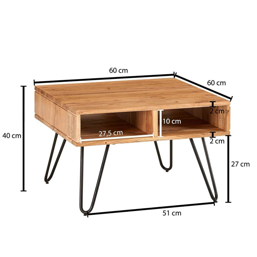 Wohnling Couchtisch aus massivem Akazienholz in Braun mit Eisenbeinen B/H/T: 60 x 40 x 60 cm - Bild 3
