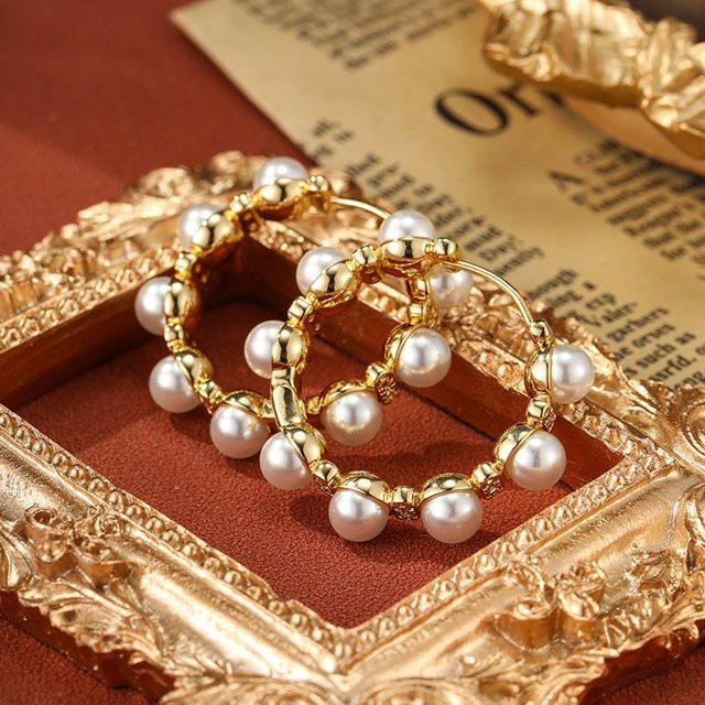 YIRAN Kreisohrring, Perle, Zirkonia, Kupfer, Gold, Damen, brown - Bild 1