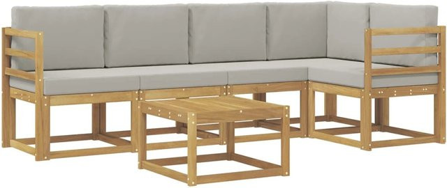 vidaXL Outdoor-Sofagarnitur 6-teilig aus massivem Akazienholz in Weiß-Hellgrau mit L-Form und Polsterkissen - Bild 1