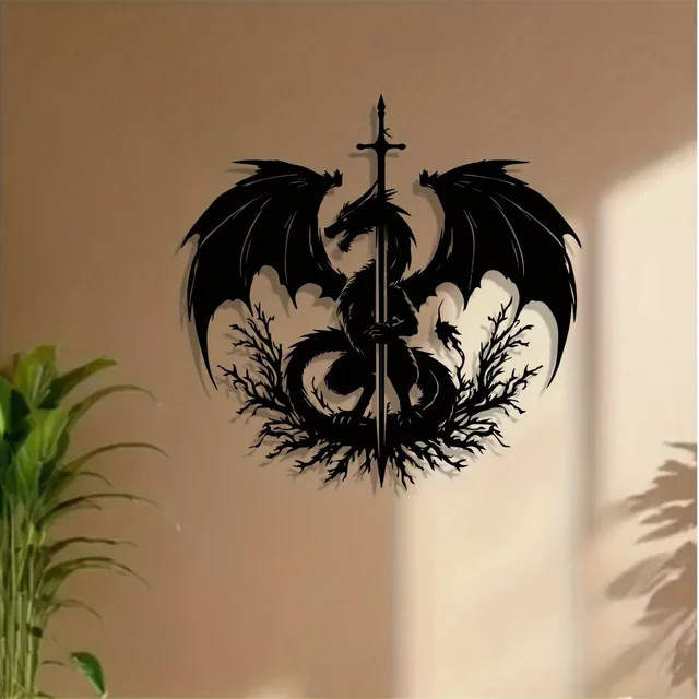 CIFBUY Drachenschwert Metall-Wandkunst schwarze Drachenskulptur aus Eisen für Innen und Außen - Bild 1