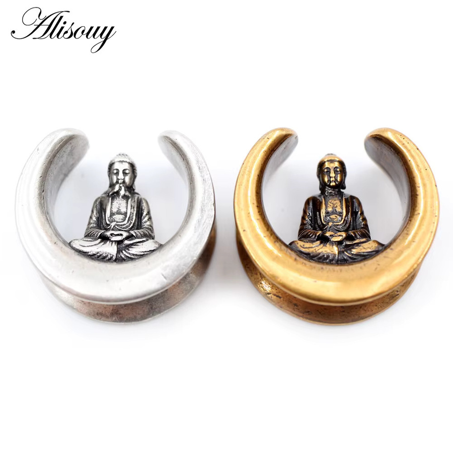 Alisouy Ohrtunnel Plugs Buddha Halbkreis, Messing, Unisex, 8-25mm - Bild 1