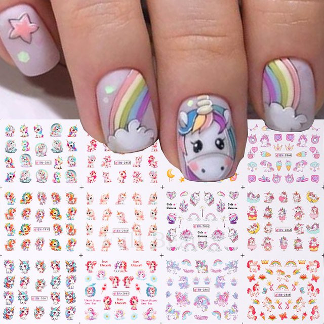 Full Beauty Nagelaufkleber, Rosa Einhorn Regenbogen, Glänzend - Bild 1