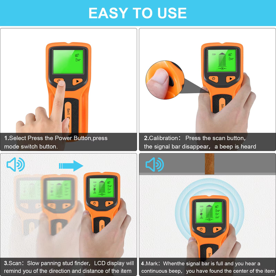 JUANJUAN 5-in-1 Wandscanner und Bolzen-Detektor in Gold und Orange zur Erkennung von AC-Drähten, Kabeln, PVC, Wasserrohren und Metall - Bild 4
