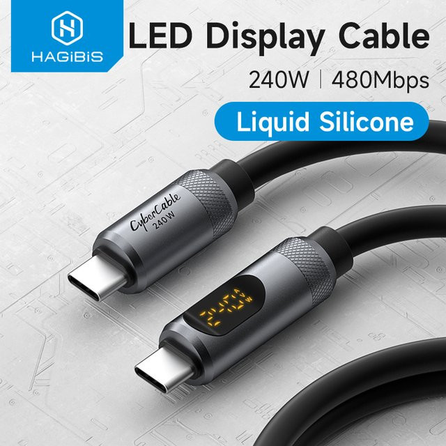 Hagibis USB-C auf USB-C Schnellladekabel mit LED-Anzeige, PD 240 W Silikon-Ladekabel für MacBook Pro Air und iPhone 17, Schwarz/Silber - Bild 1