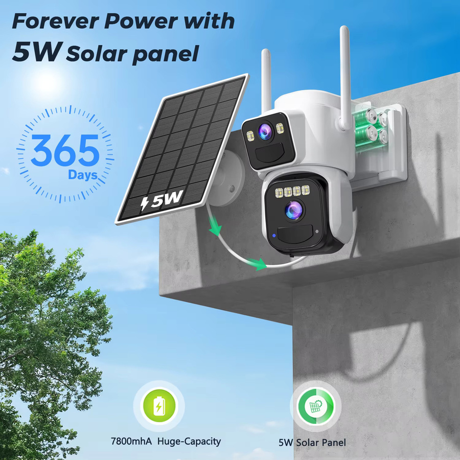 ANBIUX 8MP Dual Lens Solar WIFI Überwachungskamera mit Sonnenkollektor, Farbnachtsicht und PIR Bewegungserkennung, Outdoor IP Kamera in Weiß - Bild 2