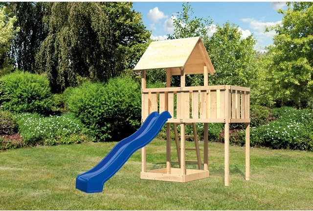 Karibu Spielturm Lotti mit Satteldach, Anbauplattform und Rutsche in Blau - Bild 1