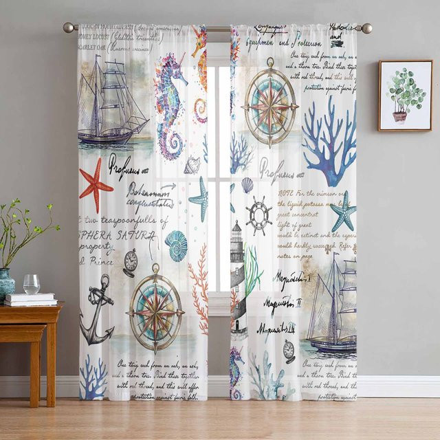 Super Six Transparente Tüll-Vorhänge mit Maritimem Design in Multicolour, Breite: 135 cm, Höhe: 160 cm - Bild 1